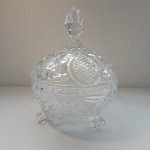 Vintage Crystal Hobstar Covered Candy Dish 3 Footed Lidded Bowl Cut Glass